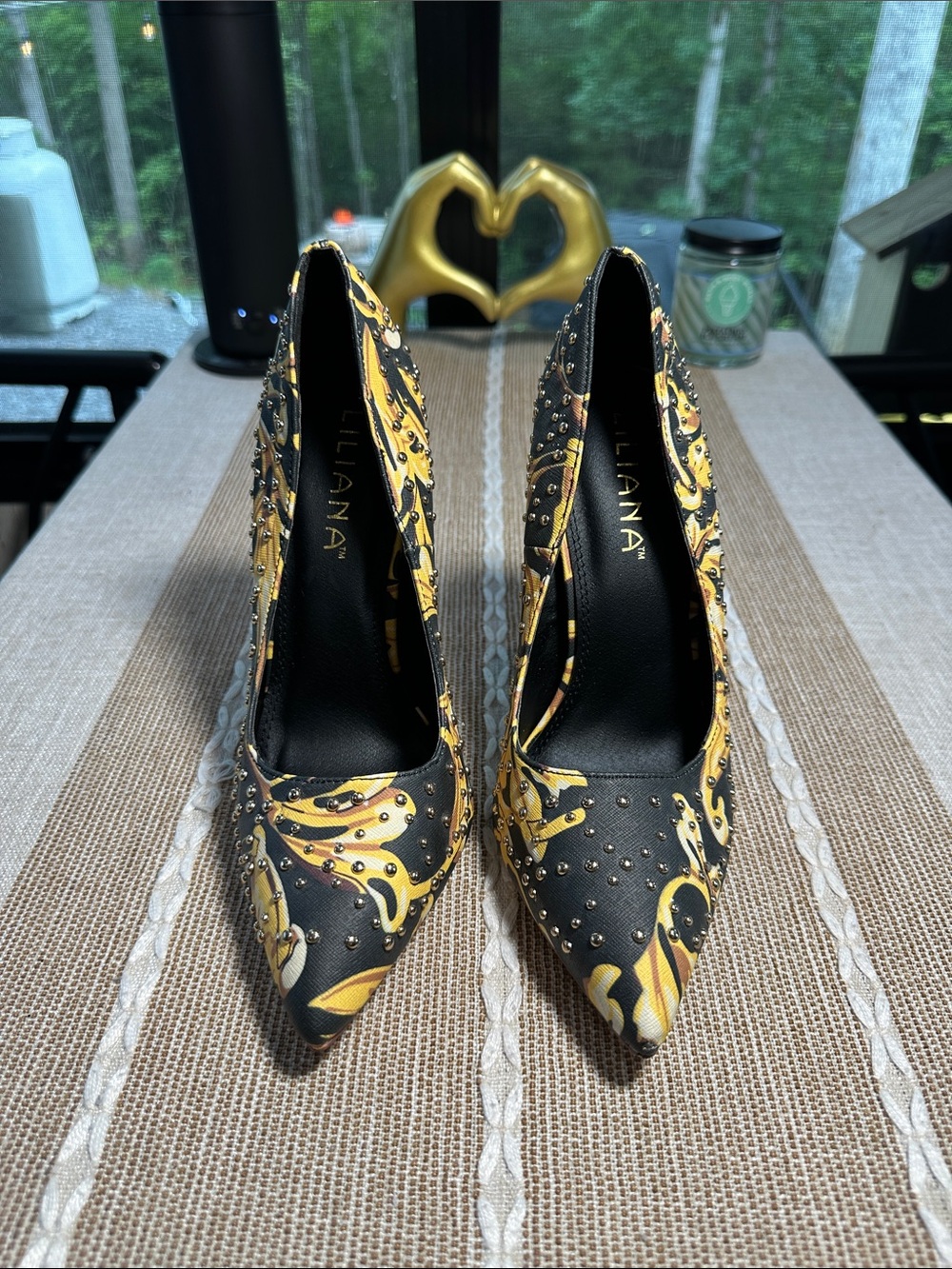 Liliana Black & Yellow Floral Studded Pointed Toe Pumps